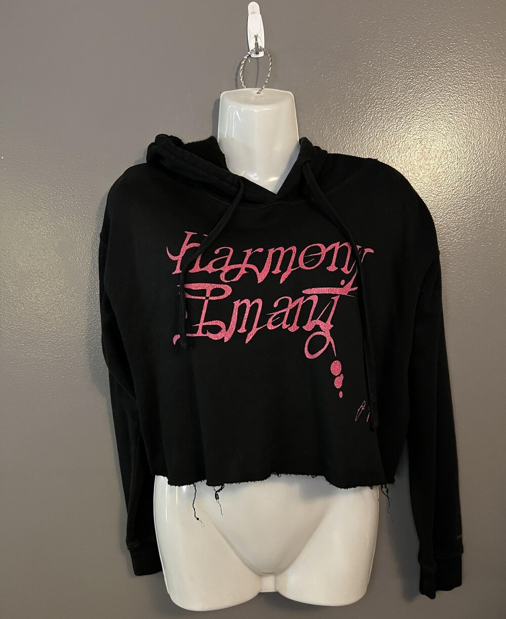 Harmony Emani Hoodie Womens Small Black Cropped Distressed Streetwear Graphic